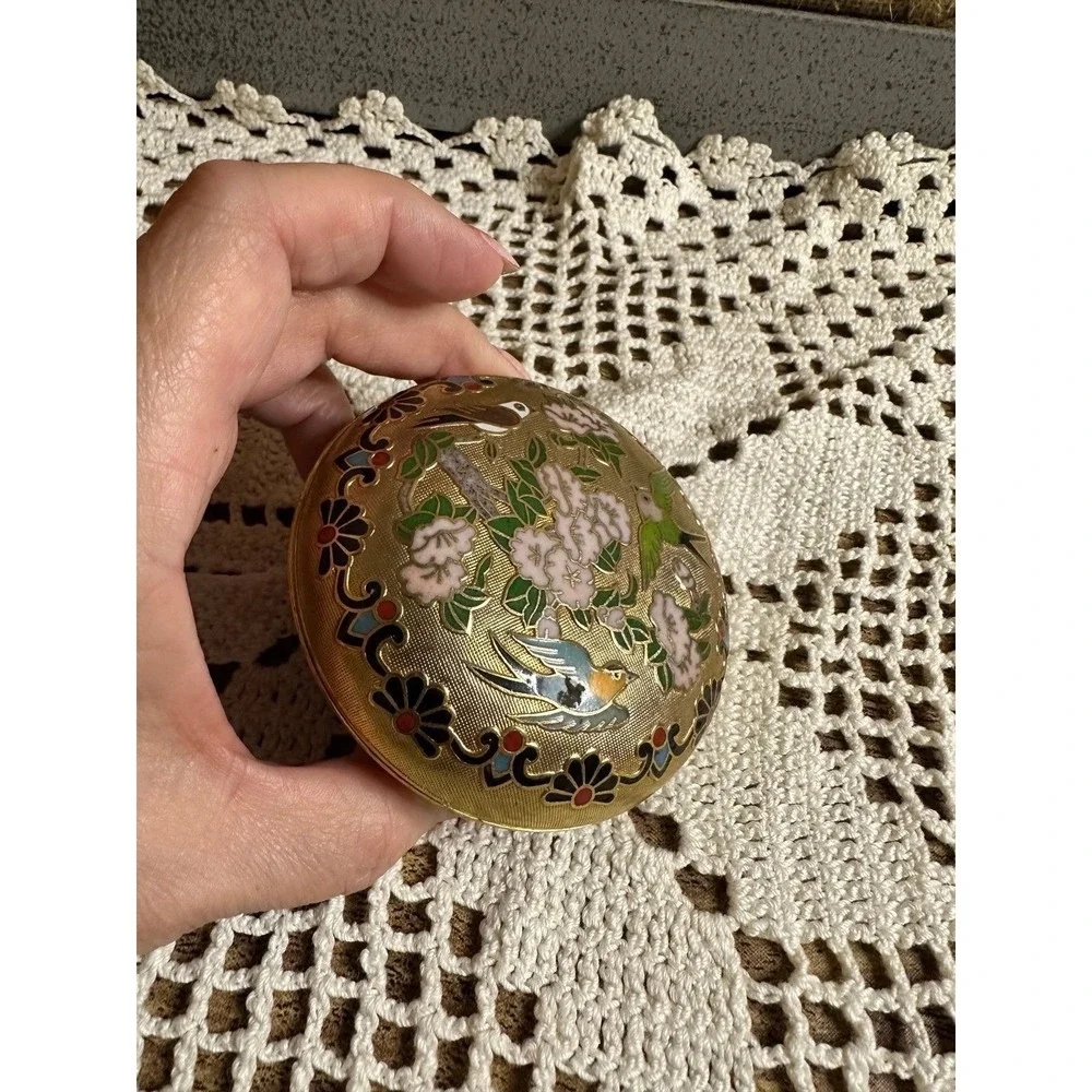 Vintage Cloisonné Trinket Box with Birds and Flowers Design